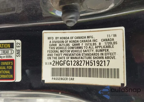 2007 Honda Civic Ex z USA, uszkodzony, nr VIN 2HGFG12827H519217